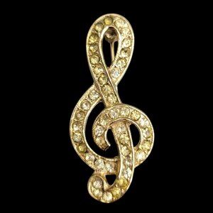 Vintage Treble Clef Brooch Yellow Rhinestones Gold Tone Musical Theme